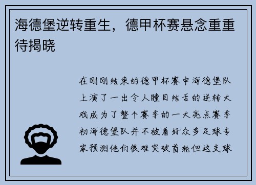 海德堡逆转重生，德甲杯赛悬念重重待揭晓